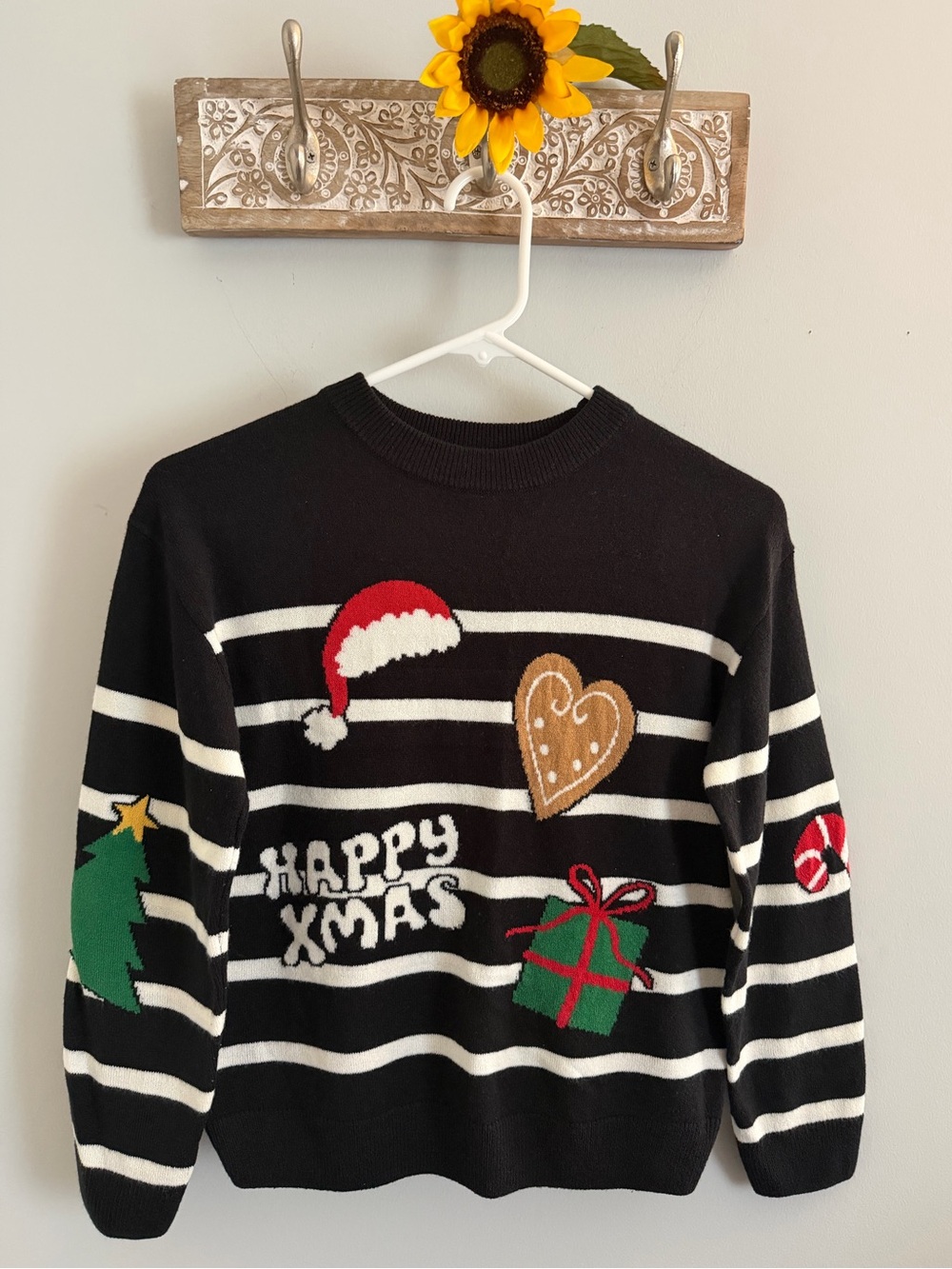 H&M Christmas Sweater Black White Striped Holiday Knit - Size Kids 12-14